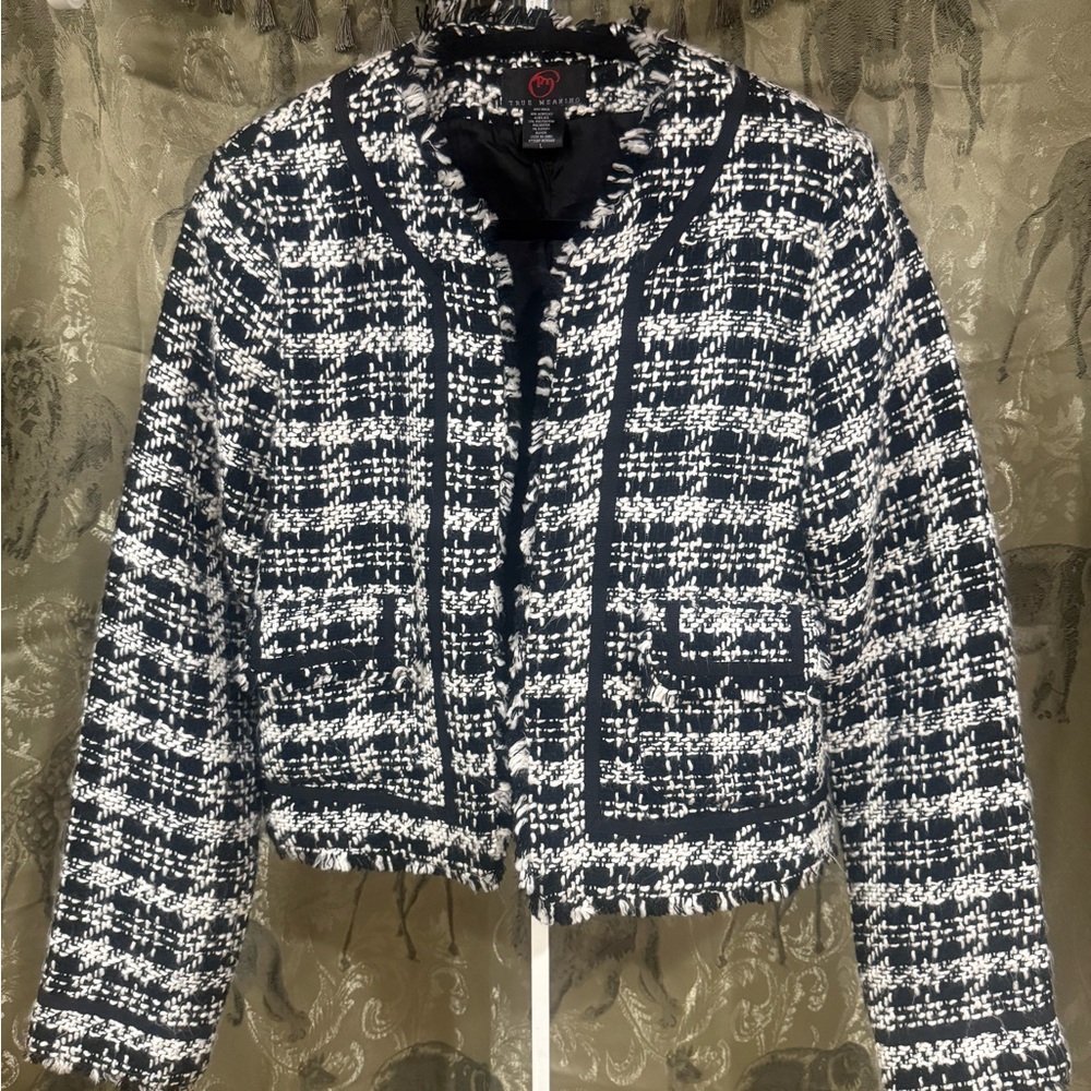 True Meaning Navy and White Tweed Fringe-Trim Jacket